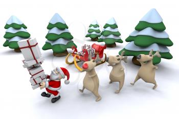 Royalty Free Clipart Image of Santa With His Reindeer Walking Behind