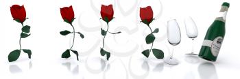 Royalty Free Clipart Image of Roses Chasing Glasses and a Champagne Bottle