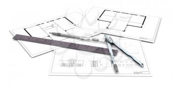 Royalty Free Clipart Image of Architectural Drawings and Tools