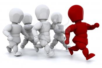 Royalty Free Clipart Image of People Running With a Red Guy in the Lead