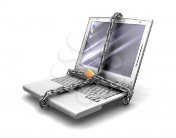 Royalty Free Clipart Image of a Computer With a Chain Around It
