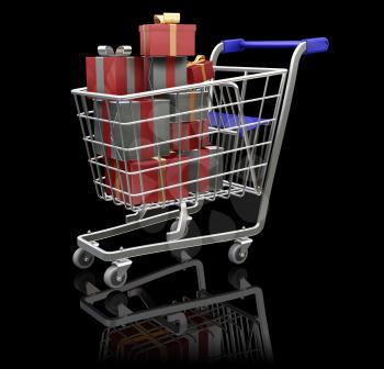 Royalty Free Clipart Image of a Group of Presents in a Shopping Cart