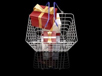 Royalty Free Clipart Image of a Shopping Basket Full of Presents