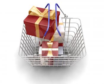 Royalty Free Clipart Image of a Basket Full Of Christmas Presents