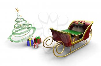 Royalty Free Clipart Image of Santa's Sleigh and Presents Under a Tree