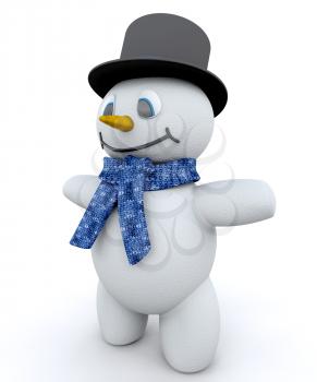 Royalty Free Clipart Image of a Snowman in a Top Hat and Scarf
