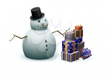 Royalty Free Clipart Image of a Stack of Presents Beside a Snowman