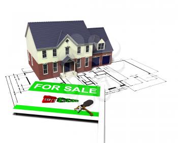 Royalty Free Clipart Image of a House For Sale on Blueprints