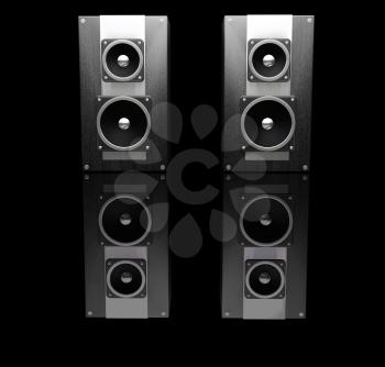 Royalty Free Clipart Image of a Pair of Black Speakers Reflected