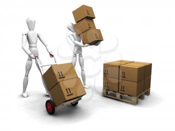 Royalty Free Clipart Image of Workers Stacking Boxes
