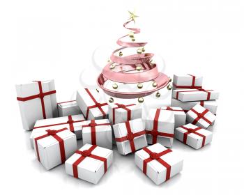 Royalty Free Clipart Image of a Stack of Gifts Under a Pink Metallic Christmas Tree
