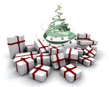 Royalty Free Clipart Image of a Stack of Presents Under a Christmas Tree