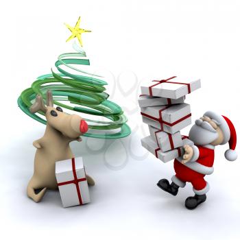 Royalty Free Clipart Image of Santa and Rudolph Delivering Presents