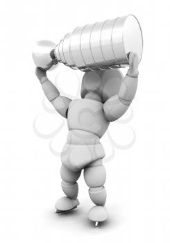 Royalty Free Clipart Image of a 3D Ice Hockey Player Lifting the Stanley Cup