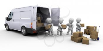 Royalty Free Clipart Image of a Team of People Unloading a Van