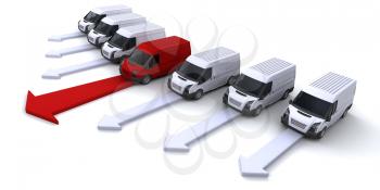 Royalty Free Clipart Image of a Fleet of Vans With a Red One in the Centre