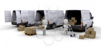 Royalty Free Clipart Image of People Unloading Vans