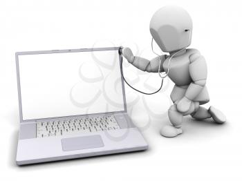 Royalty Free Clipart Image of a 3D Guy Checking a Computer
