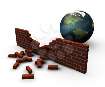 Royalty Free Clipart Image of a Broken Brick Wall With a Globe Beside It