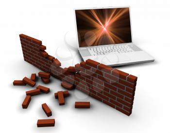 Royalty Free Clipart Image of a Computer Behind a Broken Brick Wall