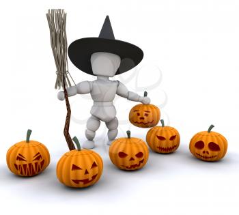 Royalty Free Clipart Image of a Witch With Pumpkins