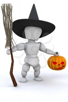 Royalty Free Clipart Image of a Witch With a Broom and Pumpkin Head