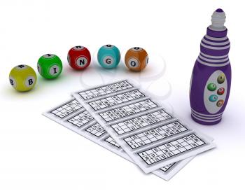 3D render of a Bingo balls and card with dabber pen