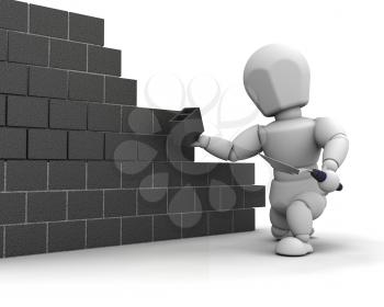 3D render of a man laying blocks building a wall