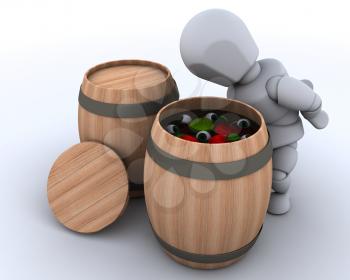 3D render of a man bobbing for apples in a barrel