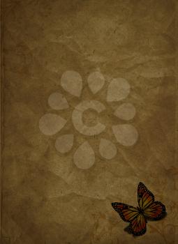 3D render of a butterfly on a grunge paper background with floral elements