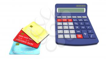 3D Render of generic credit cards  with a calculator