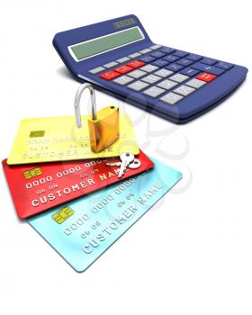 Padlock on generic credit cards  with a calculator