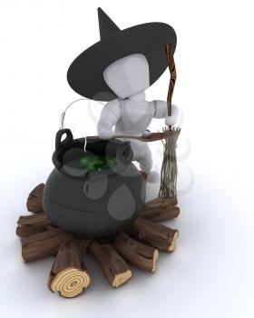3D render of a witch with cauldron of eyeballs on log fire