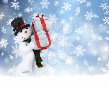 Christmas background of snowman carrying gifts