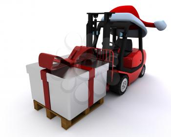 3D Render of a Forklift truck with christmas gift box