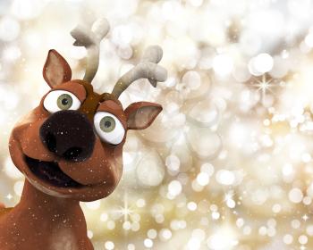 Reindeer on a Christmas background of golden bokeh lights