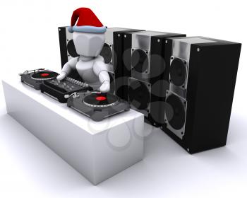 3D render of a Christmas DJ mixing records on turntables