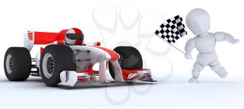 3D render of a Man in Race car winning at chequered flag