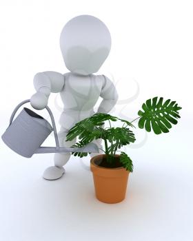 3D render of man with watering can feeding a plant