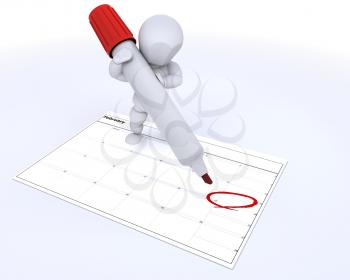 3D render of a white character with a calender