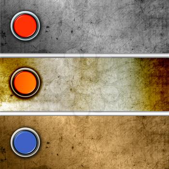 Different coloured glossy buttons on grunge metal backgrounds