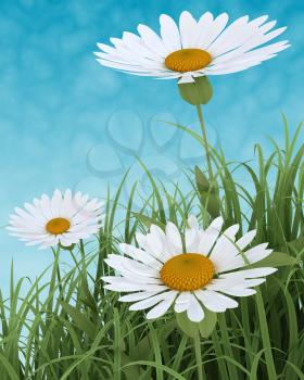 3D render of Spring Flowers in Grass on blue sky