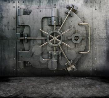 Grunge style image of a room interior with a bank vault