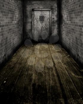 Grunge style image of passageway leading to an old prison door