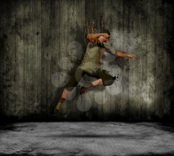 Abstract image of a grunge male dancing in a old style interior