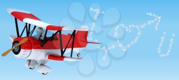 3D render of aMan sky writing in a biplane
