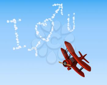 3D render of a biplane sky writing i love you