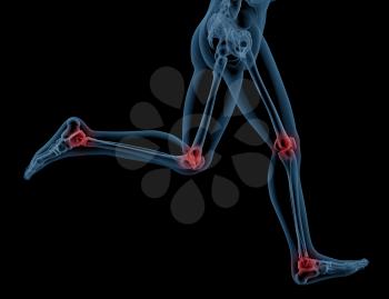 3D render showing the legs of a medical skeleton running with pressure points highlighted