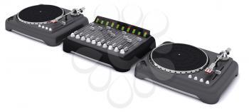 3d render of a DJ mixing desk turntables and speakers