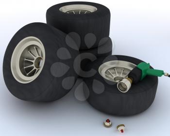 3D render of race car tyres for pit stop